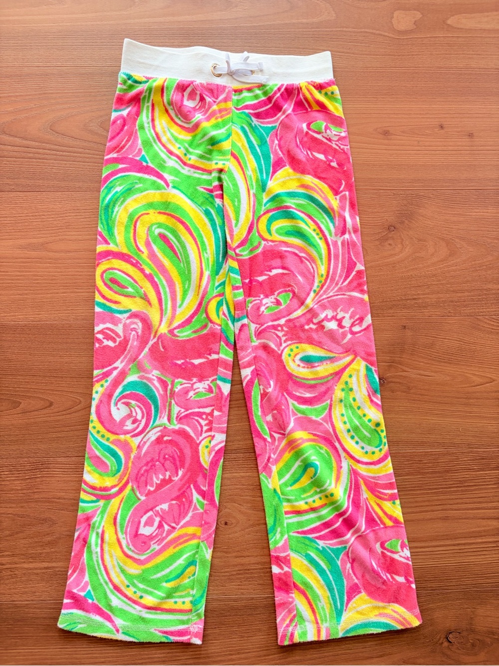 Lilly Pulitzer Pink Green Yellow Swirl Flamingo Kids Pants Terry Cloth
